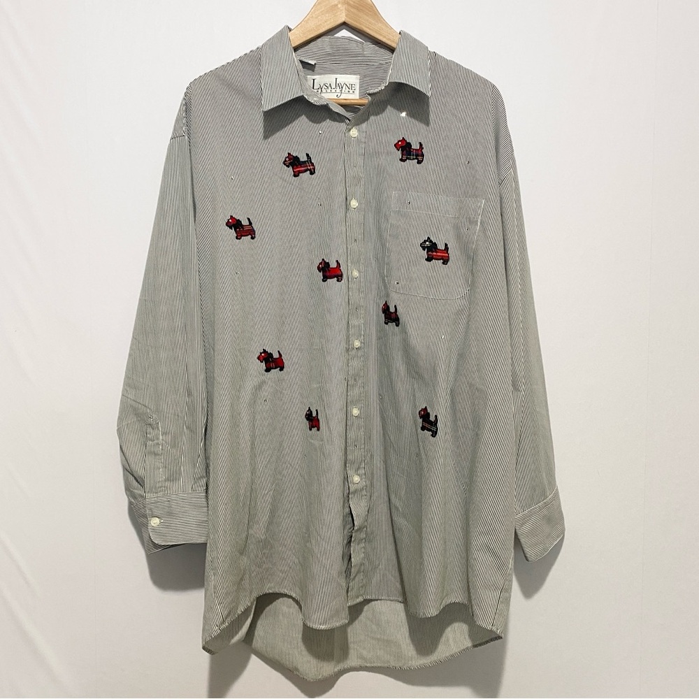 Lysa Jayne Scottie Dog Embroidered Striped Button Shirt Womens 1X Plus